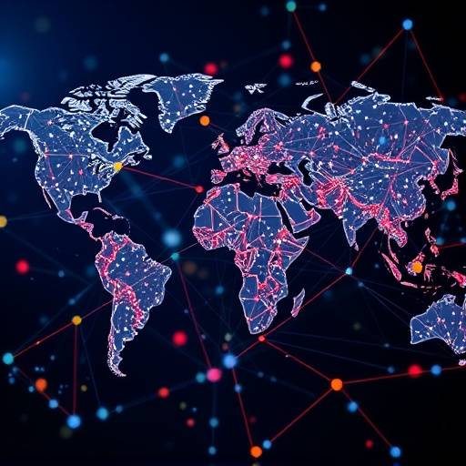 A complex network visualization showing interconnected global financial markets.
